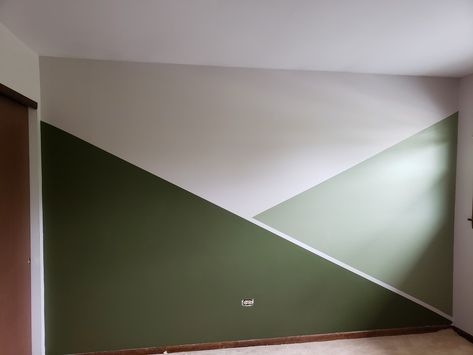 Green And White Painted Walls, Green Paint Design Wall, Shades Of Green Accent Wall, Grey With Green Accent Wall, White Wall With Green Design, Kids Accent Wall Boys Bedroom, Accent Wall With Quarter Round, Dark Green Geometric Wall, Green Accent Wall Playroom