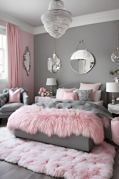 Womens Pink Bedroom Ideas, Pink Black White Silver Bedroom, Room Ideas Gray And Pink, Pink And Grey Home Decor, Grey And Pink Room Ideas Bedroom, Pink House Decor Interiors, Bedroom Inspirations Girly, Girly Pink Bedroom Aesthetic, Pink And Silver Room Ideas