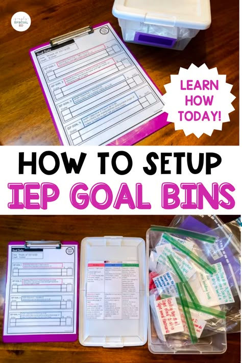 If you are a special education teacher, then you know that IEP goals play an important role in our job. Today, I want to share how to set up IEP goal bins to make your life easier as a special ed teacher. Data tracking for special education students is easy once you prep your goal bins. Each special ed student gets a container, a label with their name, and materials for each objective. Read more about what is inside and how to keep them organized in your special ed classroom. Special Ed Prek Classroom, Sped Ed Classroom, Special Education Data Organization, Special Ed Resource Classroom, 3rd Grade Special Education Activities, Special Ed Math Activities, Highschool Sped Classroom, Iep Behavior Goals, Special Ed Resources