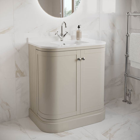 Victorian Bathroom Vanity Unit, Harvey George Vanity Unit, Curved Vanity Unit, Beige Small Bathroom, Small Beige Bathroom, Beige Vanity, Vanity Unit Bathroom, Bathroom Basin Cabinet, Curved Vanity