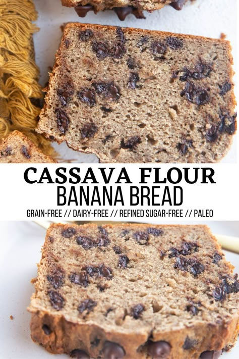 Cassava Flour Banana Bread Cassava Flour Quick Bread, Cassava Banana Bread, Cassava Waffles, Gf Banana Bread Recipe, Cassava Bread Recipe, Cassava Flour Banana Bread, Cassava Flour Desserts, Glutenfree Bananabread, Cassava Recipes