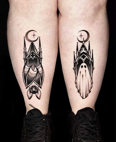 Duo Tattoos, Portal Tattoo, Bat Tattoo Ideas, Bat Tattoos, Coffin Tattoo, Shin Tattoo, Pumpkin Tattoo, Lioness Tattoo, Bat Silhouette