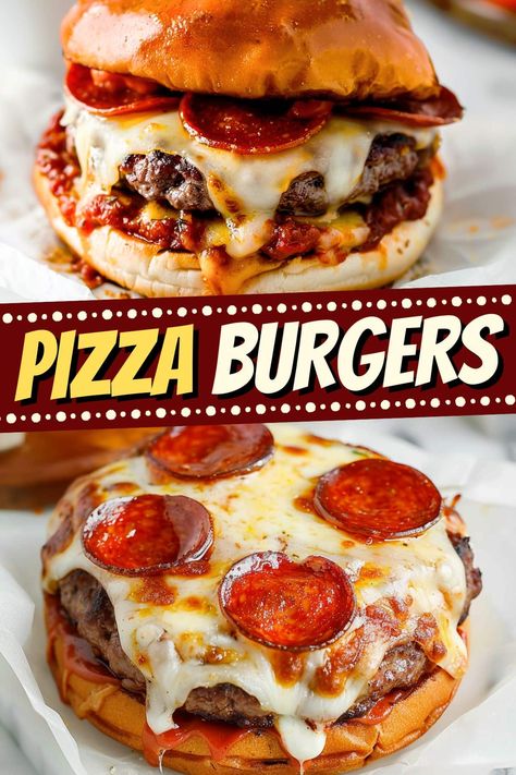 These pizza burgers are the ultimate mashup! Between the juicy beef, melty cheese, and spicy pepperoni, they're impossible to top! Good Meals To Make, Dinner Ideas No Cheese, Specialty Burgers, Best Hamburger Recipes, Juicy Hamburgers, Hamburger Dishes, Juicy Burgers, Best Sandwich Recipes, Dinner Recipes Chicken