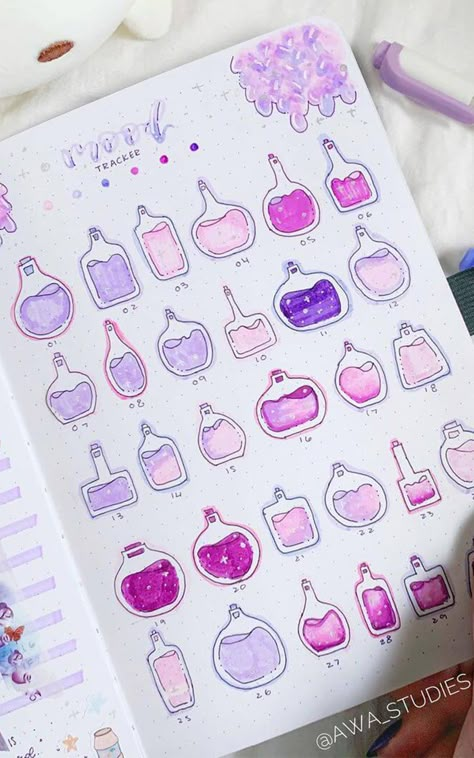 Bullet journal mood tracker spread with potions in all kinds of purple Potion Mood Tracker, Mood Tracker Journaling, Candy Mood Tracker, Mood Tracker Coloring Page, Witchy Mood Tracker, Feb Habit Tracker, Cute Mood Tracker Ideas, Mood Tracker Journal Ideas, Bullet Journal Filler Pages