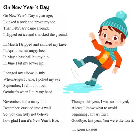 New funny poem for kids: "On New Year's Day" https://www.poetry4kids.com/poems/on-new-years-day/ #newyearpoem #newyear #happynewyear #poetry #children #kidlit New Years Poems For Kids, Poem For New Year, Poems For Boys, Happy New Year Poem, Funny Poems For Kids, List Poem, Poetic Techniques, Poem For Kids, New Year Poem