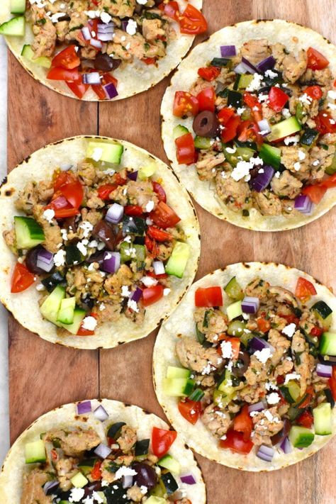 Try these delicious and healthy Mediterranean Chicken Tacos for a fusion of flavors. Made in under 30 minutes, they're perfect for busy weeknights! Mediterranean Tacos, Healthy Mediterranean Chicken, Ground Chicken Recipes Easy, Healthy Mexican Casserole, Ground Chicken Tacos, Chicken Recipes Easy, Teriyaki Chicken And Rice, Chicken Rice Bowls, Ground Chicken Recipes