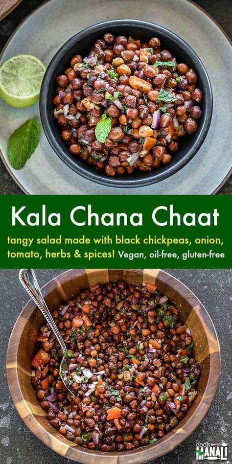 Healthy and vegan Kala Chana Chaat is made with black chickpeas, onion, tomato, fresh herbs and some tangy spices! Oil-free and gluten-free too! #vegan #indian via @cookwithmanali Black Chickpea Salad, Black Chana Chaat, Black Chana Salad, Black Chickpeas Recipes, Healthy Breakfast Recipes Indian, Kala Chana Chaat Recipe, Indian Healthy Recipes, Healthy Indian Snacks, Indian Salads