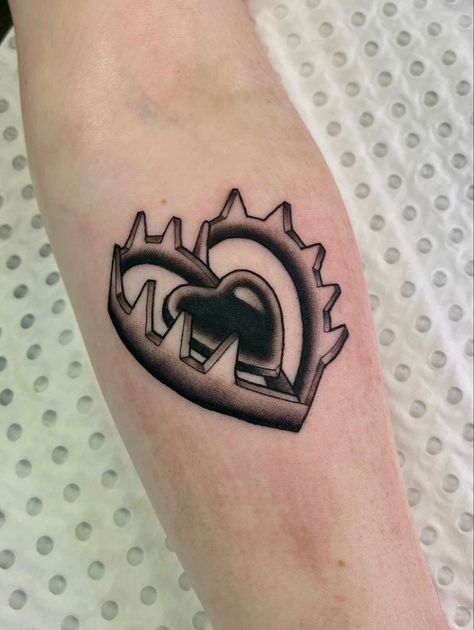 Heart In A Blender Tattoo, Heart Bear Trap Tattoo, Saw Trap Tattoo, Heart Mace Tattoo, Heart Shaped Lock Tattoo, Trad Heart Tattoo, Heart Shaped Tattoos, Hand Tattoo Traditional, American Traditional Bear Tattoo