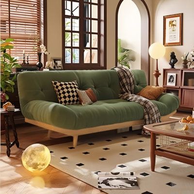 Full of design and simple sense, taking into account the dual value of beauty and practicality. | GEMEZO Modern Simple Light Luxury Solid Wood Sofa Brown 34.65 x 82.68 x 34.25 in | GMEZ1796_98750666 | Wayfair Canada Green Living Room Sofa Ideas, Green Couch White Rug, Fall Color Decor Living Rooms, Dark Green Velvet Couch, Green Sofa Styling, Green Couch Apartment, Light Green Sofa Living Room Ideas, Green Wood Living Room, Green Leather Couch Living Room