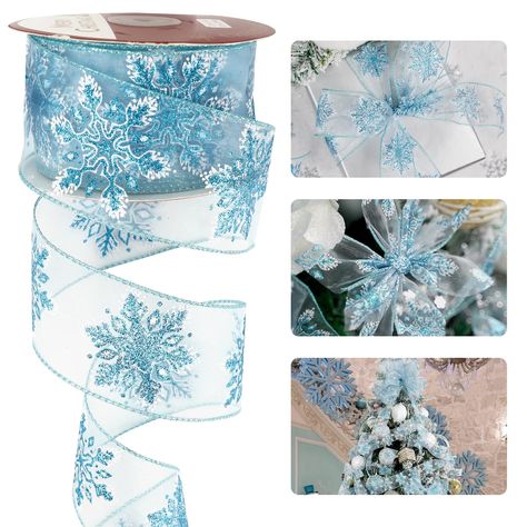 PRICES MAY VARY. ❄️ Pattern Designs-This Christmas ribbon with glitter blue and white snowflakes print on white sheer ribbon. The light blue and white color scheme and snowflake design evoke a sense of enchantment, ideal for crafting bows, decorating smaller trees, and adding a touch of winter wonder to your Christmas holiday projects. 🎄 Size & Package-The snowflake wired ribbon measures 2.5 inch wide and 25yards (75 feet ) continuous long each roll, perfect size for your various decorative cra Ribbon For Tree, Tree Top Bow, Ribbon For Christmas Tree, Tree Bows, Making Wreaths, Christmas Decorations Centerpiece, Christmas Wired Ribbon, Wreath Making Supplies, Home Decor Crafts