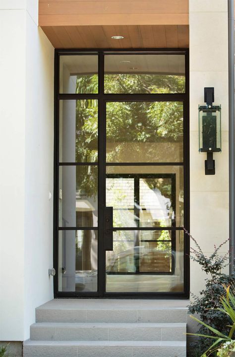 IWD-black-steel-single-french-door-with-single-sideligts-4lite-square-transom-clear-glass Porte In Ferro, Steel Frame Doors, Metal Front Door, Steel Front Door, Iron Entry Doors, Ambiance Lighting, Black Front Doors, Wrought Iron Doors, Exterior Front Doors