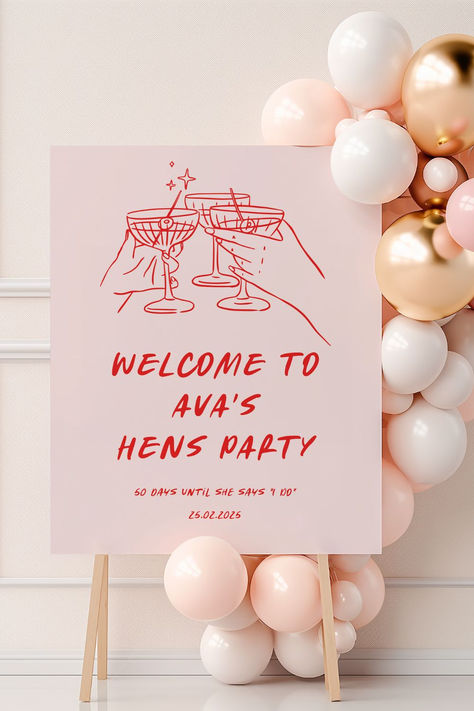 Kick off your hens party with this chic, custom welcome sign that’s all about celebrating your final fling with your favorite people. Hens Day Decorations, Garden Party Hens Day, Hens Do Decorations, Hens Party Backdrop, Hen Do Dinner Party, Hens Party Set Up, Hen Do Welcome Sign, Hens Backdrop, Garden Party Hens