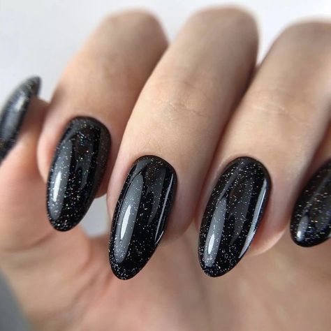 Glitter Almond Nails, Sparkly Black Nails, Nail Colors Spring, White Lace Nails, Christmas Nails 2023, Gradation Nails, Black Nails With Glitter, Black Manicure, Evil Eye Nails