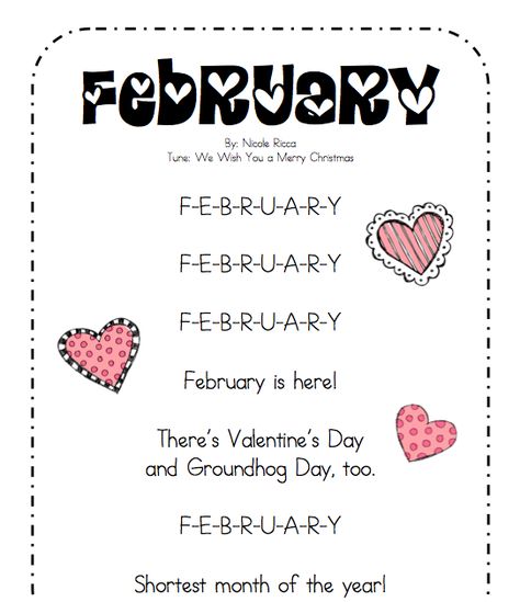 Free, fun and useful Kindergarten - 1st Grade, Common Core aligned lesson plans, math games, calendars, behavior charts, materials and more! February Song, Calendar Songs, Months Song, Kindergarten Poems, Kindergarten Calendar, Preschool Poems, Math Meeting, Kindergarten February, Circle Time Songs