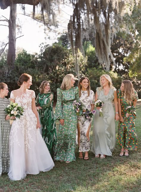 Ireland Wedding Bridesmaids, Mismatched Green Bridesmaid Dresses, Printed Bridesmaid Dresses, Matching Bridesmaids, Floral Bridesmaid Dresses, Bridal Party Outfit, Bridesmaid Ideas, Mismatched Bridesmaids, Dress Colors