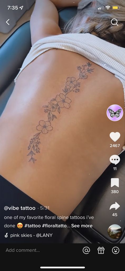 Back Tattoos Half Spine, Hawaiian Flower Back Tattoo, Spine Tattoos For Women Lily Flower, Spine Tattoos For Women Hibiscus, Hibiscus Spine Tattoos For Women, Back Spine Tattoo Women Flowers, Cute Spin Tattoos For Women, Hawaiian Flower Spine Tattoo, August Flower Spine Tattoo