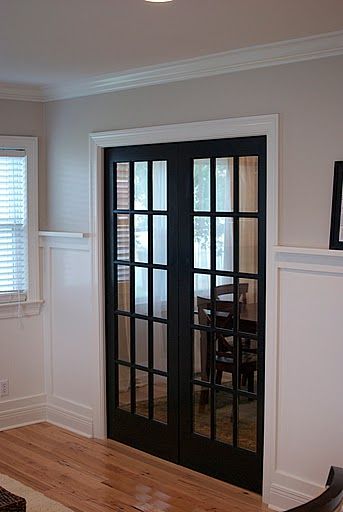 Large Interior Doors, Black French Doors Interior Office, Painted Interior French Doors, Black Pocket Doors, Black French Doors Interior, French Doors Living Room, Black French Doors, Black Interior Doors, Bedroom Trends