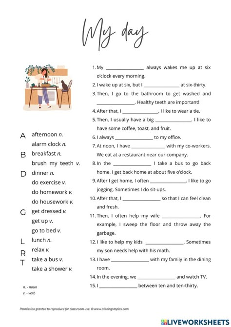 Daily Routine Worksheet, Writing Editing, English Teaching Materials, Students Day, English Exercises, Learn English Grammar, Interesting English Words, English Language Teaching, English Lessons For Kids