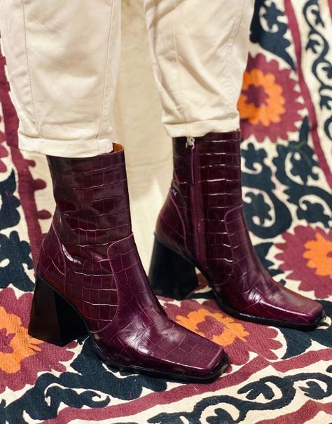 Burgundy Croc Leather Boots from @thenookstore Snake Boots, Crocs Boots, Croc Leather, High Water, Spring 2024, Shoe Lover, Leather Material, Wedge Boot, Leather Boots