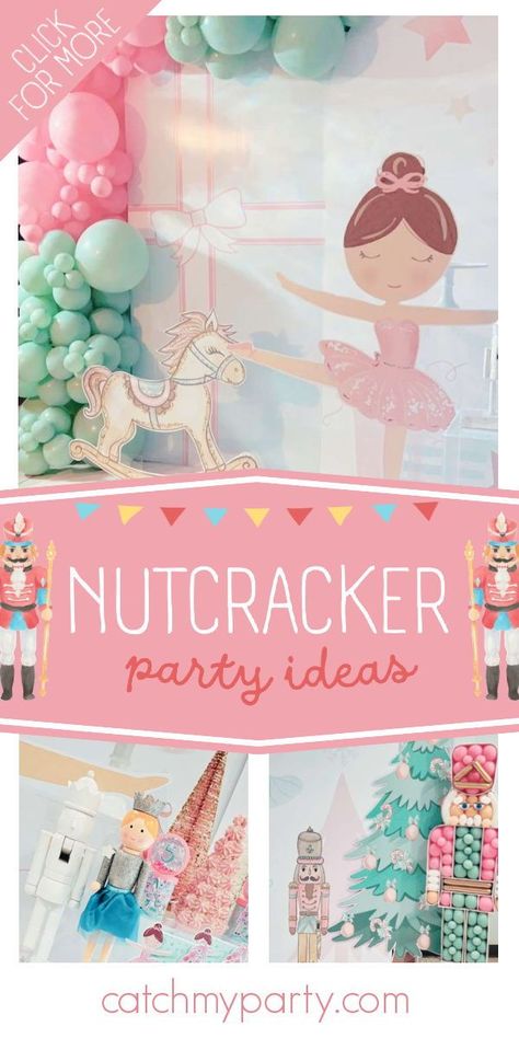 Take a look at this magical Nutcracker party! What beautiful party decorations! See more party ideas and share yours at CatchMyParty.com Nutcracker Theme Birthday Party, Nutcracker Land Of Sweets Party, Pink Nutcracker Birthday Party, Nutcracker Christmas Party Theme, Nutcracker Party Decoration, Pink Nutcracker Party, Nutcracker Birthday Party Ideas, Nutcracker Themed Birthday Party, Nutcracker Baby Shower Ideas