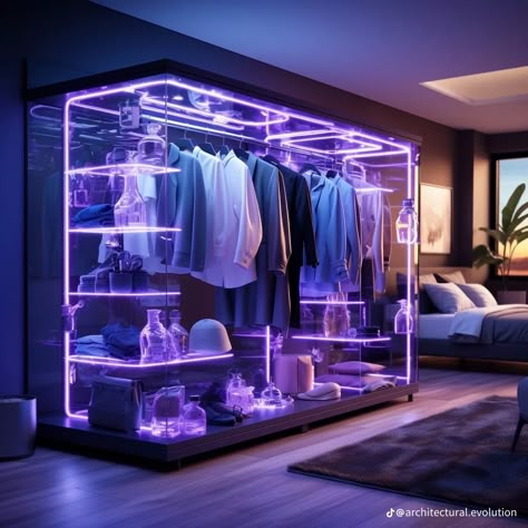 Futuristic Closet, Rgb Bedroom, Cyberpunk Home, Fantasy Interior Design, Cyberpunk Interior, Dark Modern House, Imvu Backgrounds, Futuristic Bedroom, Castle House Design