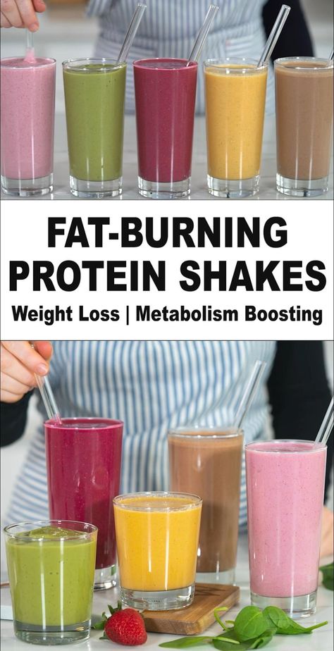 5 HEALTHY PROTEIN SHAKES for Boosting Metabolism & Weight Loss #weightlosssmoothies8 Protein Shakes For Fat Loss, Homemade Protein Shakes, Healthy Protein Smoothies, Flavored Waters, Healthy Protein Shakes, 2b Mindset, Protein Smoothies, Protein Shake Smoothie, Baking Soda Beauty Uses