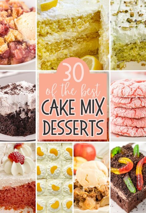 A graphic with several images of cake mix desserts of this round-up. What To Do With Boxed Cake, Easy Desserts With Cake Mix Boxes, Desserts With Cake Mix Boxes, Cake Mix Desserts Easy, Desserts Using Cake Mix Boxes, Easy Cake Mix Desserts, Vanilla Cake Mix Recipes, Box Cake Mix Recipes, Cake Mix Ideas