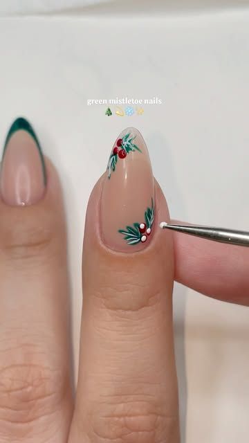 NailzKatKat on Instagram: "mistletoe kisses 🎄❄️💫 𝑷𝒓𝒐𝒅𝒖𝒄𝒕𝒔 𝒖𝒔𝒆𝒅:   medium almond gel extensions  frenchy rubber base  dark ivy gel polish french tips white gel polish nail tips gel glue hello longer liner brush (nail brush set)  available at nailzkatkat.com • • • #getnailed #beginnernailtech #nailsswag #nailed #nailgoals #nailtechlife #nailsupplies #nailtips #abstractnails #longnails #nailjunkie #nails #nailtrend #getnailed #prettynails #nails #nailart #nailporn #nailpro #instanails #nailtech #cutenails #viralnails #acrylicnails #gelextensions #gelnails #frenchnails #nudenails" French Tip With Mistletoe, Christmas Nails Mistletoe, Mistletoe Nails, French Tips White, White Gel Polish, Dark Ivy, Kiss Products, Base Dark, Tree Nails