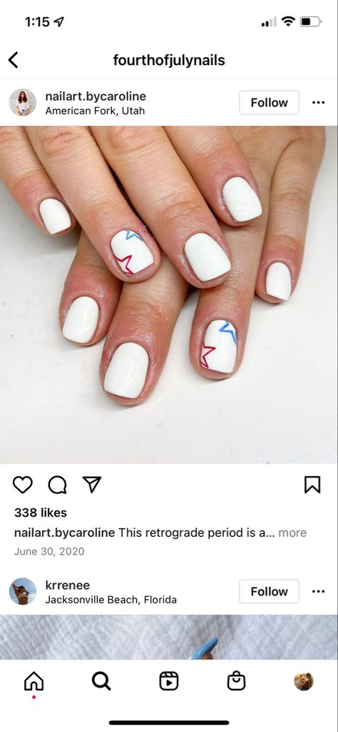 July 2024 Nails, Simple July 4th Nails, Neutral 4th Of July Nails, Subtle Fourth Of July Nails, Fourth Nails, 4th Of July Nails Simple, Nautical Nails, White Gel Nails, Cute Nail Polish