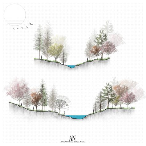 Section. Landscape Section Drawing, Cross Section Landscape Architecture, Landscape Section, Architectural Section Illustration, Section Illustration, Illustrated Section Architecture, Landscape Architecture Section, 2023 Landscape, Atmospheric Section Architecture