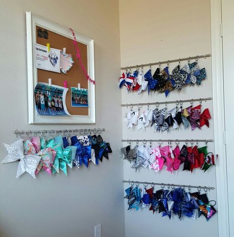 Our cheer bow organizer. Cheer bow holder. No more bent tails! Cheer Room Ideas, Cheer Room, Cheer Bow Holder, Cheer Gear, Bow Storage, Cheerleading Bows, Bow Organizer, Cheer Hair, Cheer Coaches