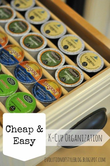 Cheap + Easy K-Cup Organization - Evolution of Style Home Bar Organization, Cup Organization, Bar Organization, Keurig Coffee Station, Keurig Pods, K Cup Storage, Coffee Pods Drawer, K Cup Holders, Coffee Pod Storage