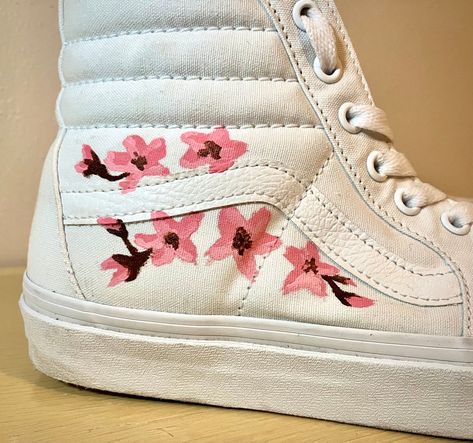 Pink cherry blossom, custom shoes, sakura, handmade, diy, floral, flower, white shoes, high tops, skate shoes, Japan, hand-painted, White Shoes High, Shoes High Tops, Aesthetic Skater, Skater Vibes, Painted Vans, Pink Sakura, Diy Shoe, Pink Cherry Blossom, Pretty Shoes Sneakers