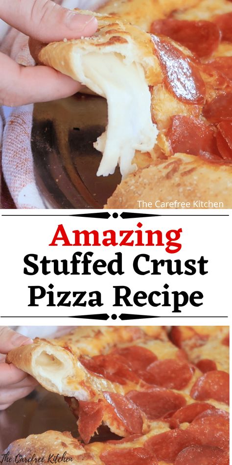 Easy Homemade Stuffed Crust Pizza Recipe Home Made Pizza Crust, Diy Pizza Crust, Stuffed Pizza Recipes, Stuffed Crust, Stuffed Pizza Crust, Chewy Pizza Dough Recipe, Pizza Stuffed Crust, Crazy Crust Pizza Dough Recipe, Homemade Pizza Recipe Toppings