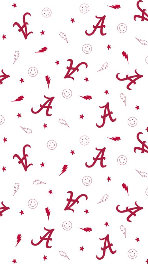 University of Alabama logo pattern with lightning bolts, smiley faces and stars. All design elements are Bama Crimson the background is white. Fit to a iPhone background. Iphone Wallpaper Football, Preppy Alabama Wallpaper, University Of Alabama Prints, Alabama Wallpaper Iphone, Alabama Background Wallpapers, Alabama Background, Bama Wallpaper, Trendy Iphone Wallpaper, Alabama Collage Wallpaper