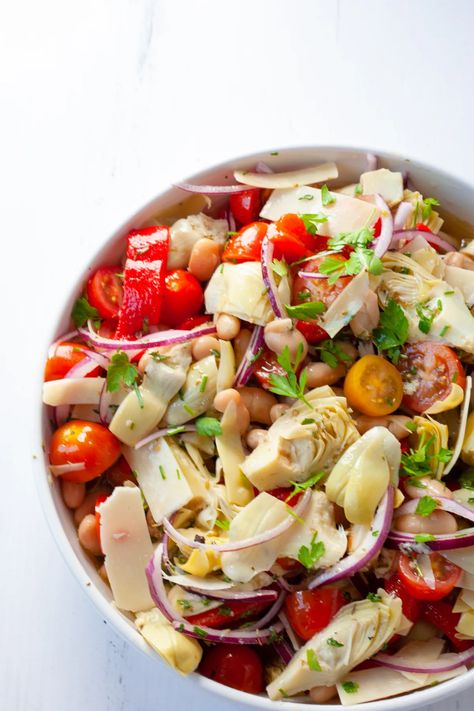 White Bean & Artichoke Antipasto Salad - The Domestic Dietitian White Bean Artichoke, Summer Bean Salad, Spring Vegetables Recipes, Antipasto Salad Recipe, Artichoke Salad, Salad Recipes Healthy Easy, Antipasto Salad, Seasoned Veggies, White Bean Salad