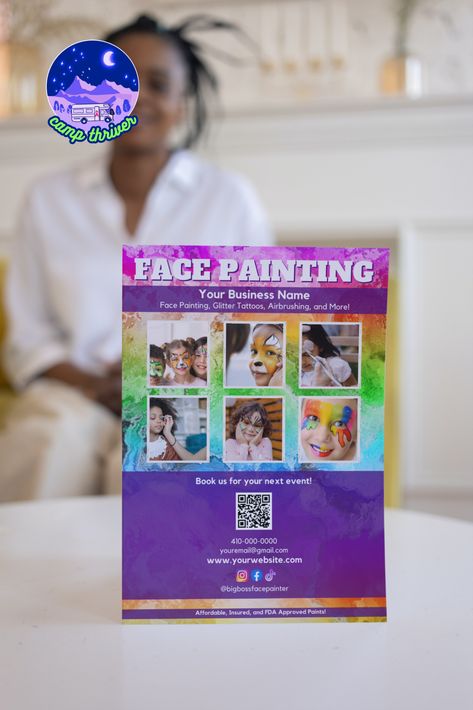 Face painting flyer template with editable QR code! Easily upload your own face painting photos and snap them into the provided frames. You can edit the colors, text, and more to fit the theme and logo for your business. Face Painting Flyer, Painting Templates, Glitter Tattoo, Business Flyer Templates, Business Flyer, Painting Photos, Business Names, Painted Signs, Flyer Template