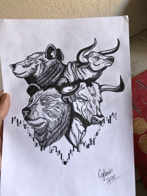 Tattoo Draw - Bear Bull Trader Bear And Bull Tattoo, Bull Bear Tattoo, Trader Tattoo Ideas, Stock Market Tattoo Ideas, Forex Tattoo Ideas, Trading Tattoo Ideas, Bull And Bear Tattoo, Forex Tattoo, Trader Tattoo