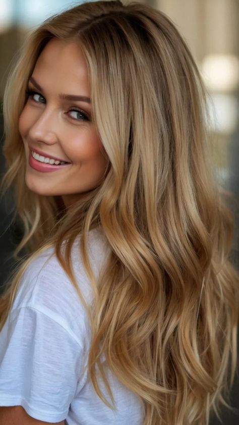 Golden Inspirations: 13 Honey Blonde Hairstyles That Bring the Heat - Inspire Inlet Brown With Gold Highlights, Honey Blonde Long Hair, Dark Blonde Honey Hair, Golden Blonde Balayage Honey, Honey Blonde Balayage Long Hair, Golden Blonde With Lowlights, Honey Blonde Shadow Root, Light Bronze Hair, Honey Blonde Balayage Caramel