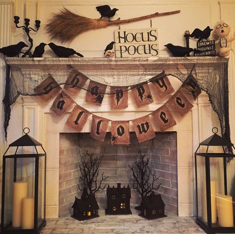 I made the broom by binding old broom bristles to a stick and painted the 'Hocus Pocus' sign on a piece of old barnwood. Hocus Pocus Fireplace Decor, Diy Halloween Decorations For Inside, Halloween Campfire, Halloween Mantels, Hocus Pocus Halloween Decor, Halloween Fireplace, Hocus Pocus Party, Dekorasi Halloween, Mantel Ideas