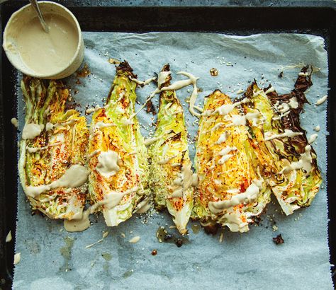 Charred Cabbage, Cabbage Head, Lemon Tahini Dressing, Roasted Cabbage, Big Salad, Chinese Cabbage, Tahini Dressing, Green Cabbage, Filling Recipes