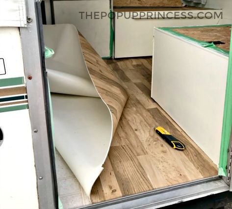 Bethany’s Pop Up Camper Makeover Pop Up Camper Flip, Folding Camper Makeover, Vintage Camper Flooring, Updating Pop Up Camper, Pop Up Camper Interior Remodel, Pop Up Camper Floor Remodel, Painting Pop Up Camper Cabinets, Pop Up Camper Remodel Color Schemes Boho, Pop Up Camper Flooring