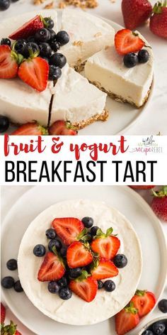 This Fruit and Yogurt Breakfast Tart is made with an easy granola crust, filled with a creamy Skyr yogurt filling, and topped with fresh fruit. It's perfect for breakfast or a sweet and nutritious treat! #yogurt #breakfast #healthy #recipe Granola Crust, Fruit And Yogurt, Breakfast Tart, Easy Granola, Easy Brunch Recipes, Yogurt Breakfast, Fruit Yogurt, Breakfast Healthy, Nourishing Foods