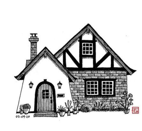 Cottage Sketch Drawings, Cottage House Drawing Easy, Cottage Sketch Simple, Simple Cottage Drawing, Cottage Drawing Easy, Small House Sketch, Brick House Drawing, Vintage House Drawing, Cottage Drawing Simple