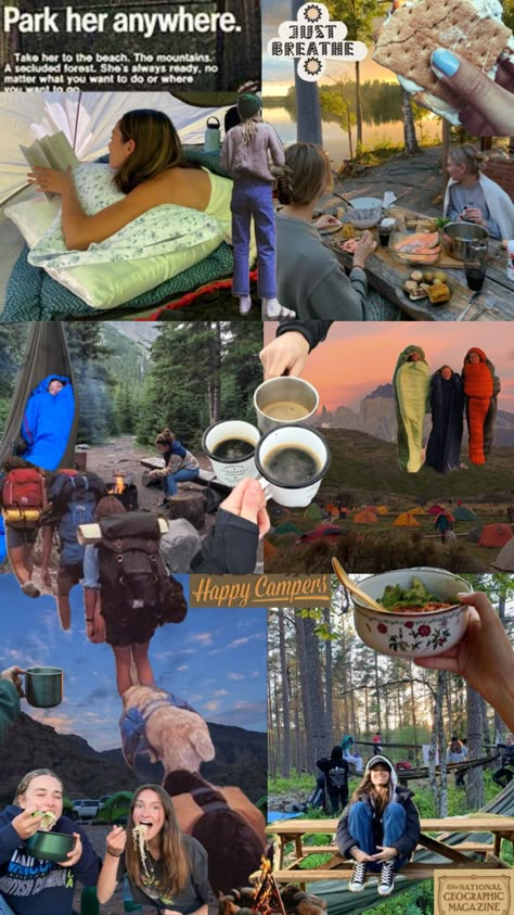 Hiking Mood Board, Camping Mood Board, Camping Aesthetic Photography, Summer Hiking Aesthetic, Cute Camping, Camping Nature Aesthetic, School Camping Trip Aesthetic, Hiking And Camping Aesthetic, Summer Camp Aesthetic