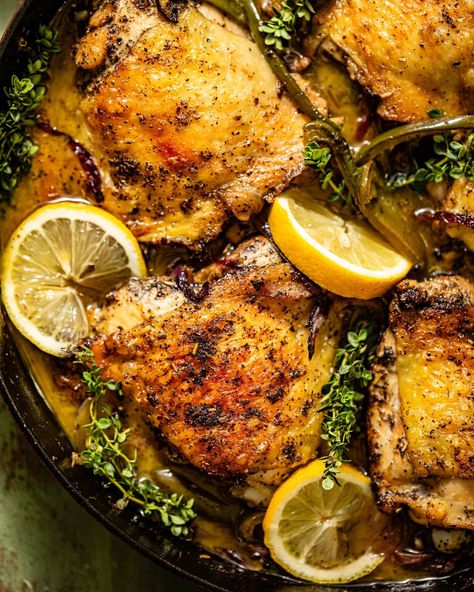 Easy Cast Iron Skillet Chicken Thighs - Britney Breaks Bread Cast Iron Skillet Chicken Thighs, Cast Iron Roasted Chicken, Iron Skillet Chicken, Skillet Chicken Thighs, Juicy Chicken Thighs, Easy Skillet Chicken, Braised Chicken Thighs, Delicious Chicken Salad, Chicken Thighs Recipe