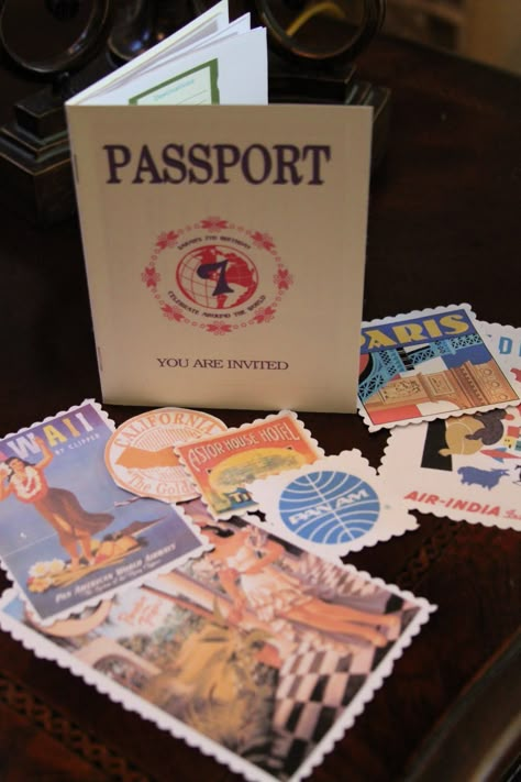 party invitation that looks like a passport.  especially love the vintage travel ads and airline stickers! This is what Daisy wants her party to be and it has AWESOME ideas! Around The World Party, Around The World Theme, International Party, Prom Themes, Travel Party Theme, Prom Theme, Around The World In 80 Days, World Party, Travel Party