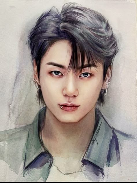 Watercolor Portrait Tutorial, Korean Painting, Watercolor Paintings Nature, Bts Wings, Pencil Sketch Images, Best Anime Drawings, Jin Jimin, Cool Pencil Drawings, Art Tools Drawing