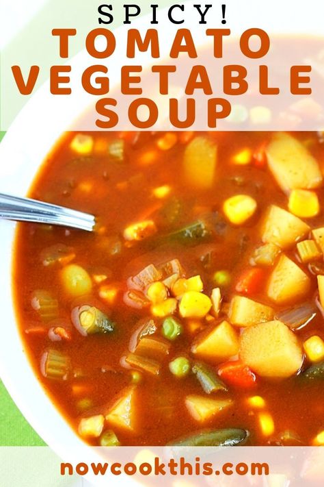 This Spicy Tomato Vegetable Soup is quick and easy to make and has tons of healthy mixed vegetables in a super flavorful beefy, tomato-y broth with a spicy kick. It's such a delicious way to eat your veggies! Get the recipe and give it a try! #spicytomatovegetablesoup #tomatovegetablesoup #vegetablesoup #soup Spicy V8 Vegetable Soup, Tomato Based Vegetable Soup Recipes, Vegetable Soup With Tomato Sauce, Spicy Vegetable Beef Soup, Spicy Vegetable Soup Recipes, Tomato Vegetable Soup Recipe, Tomato Veggie Soup, Meatless Stew, Tomato Vegetable Soup