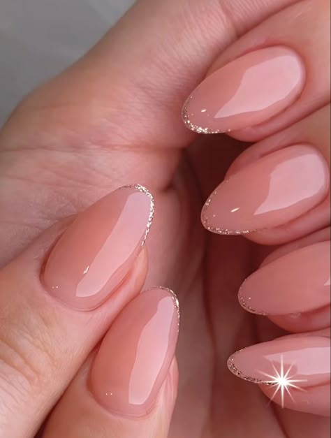 Prom Elegant Nails, Nail Ideas Acrylic Short Oval, Shellac Nails Neutral Classy, Prom Nails Simple Elegant, Natural Pink Glitter Nails, Lipgloss Nails Trend, Short Almond Nail Ideas Natural, Dance Nails Formal, Natural Oval Acrylic Nails